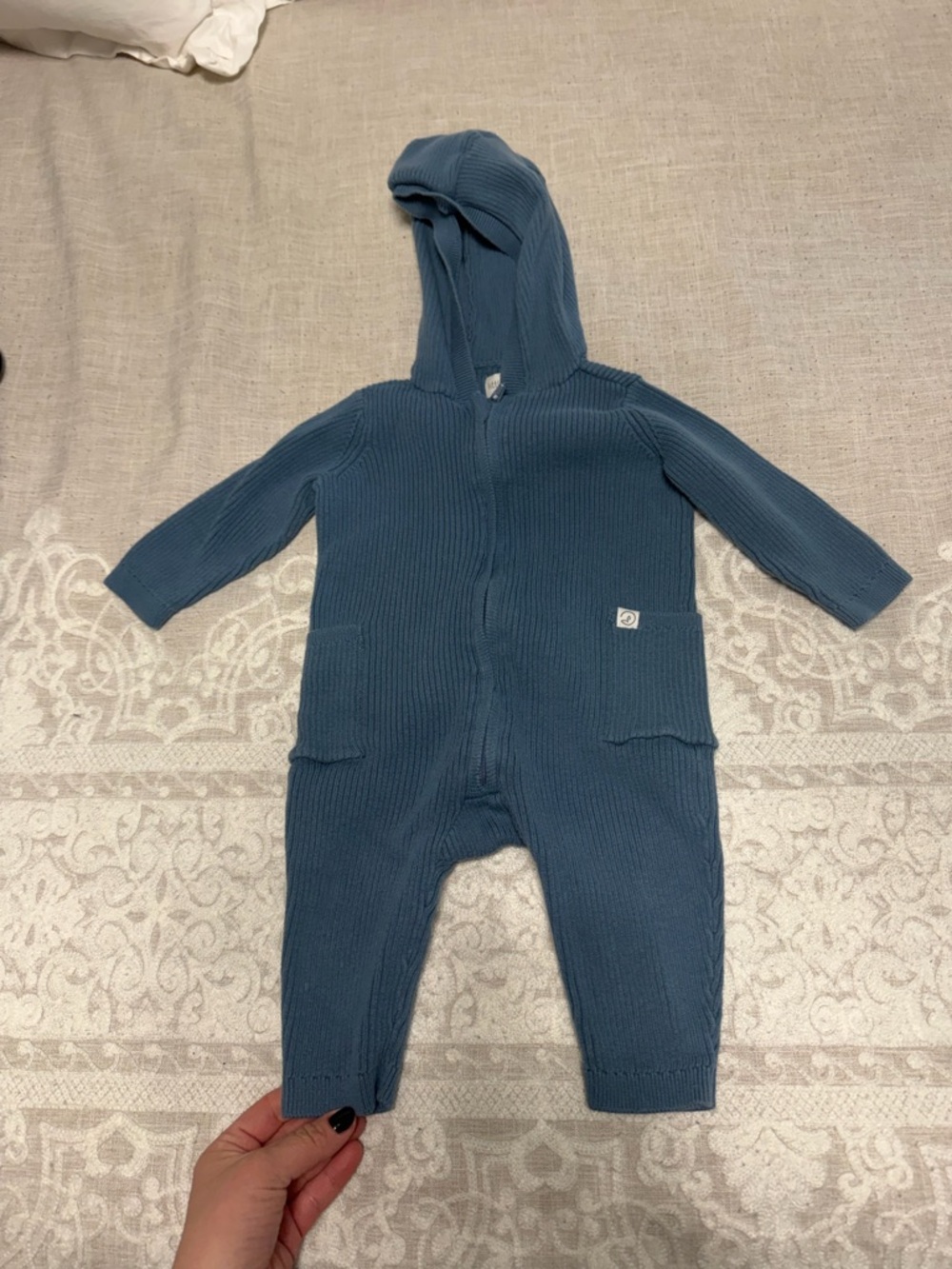 Hooded Rib-Knit Baby One-Piece in Slate Blue